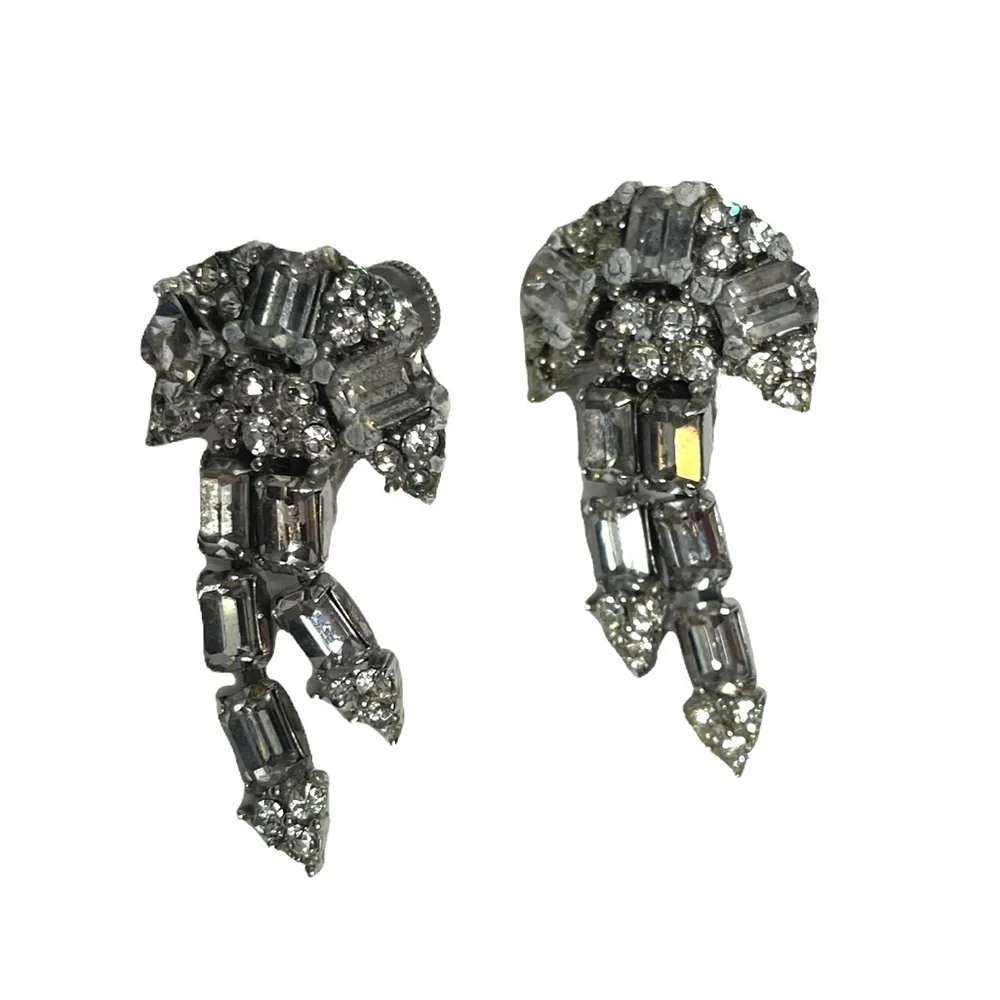 Vintage Mid Century Art Deco Cascading Rhinestone Earrings